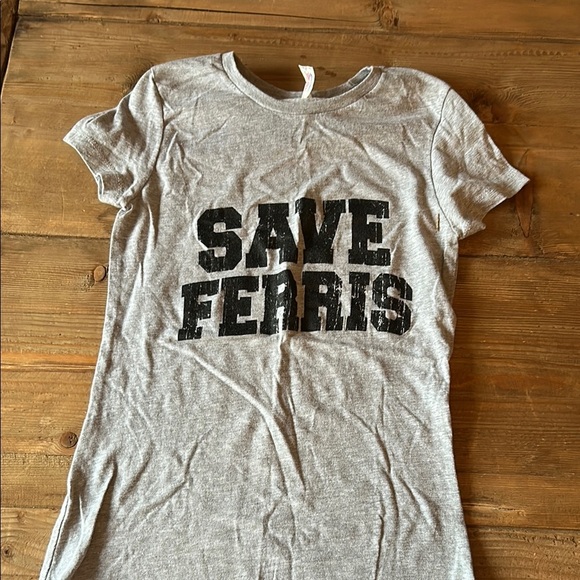 Tops - Gray Fitted Short Sleeve T-Shirt with Bold Text, Save Ferris